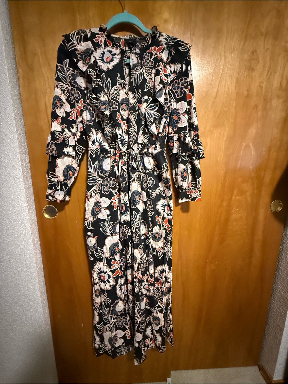 Who What Wear Black Floral Long Sleeve Midi Dress with Cream & Coral Accents